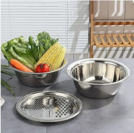 3-in-1 Multifunctional Stainless Steel Basin with Vegetable Cutter & Drain Basket